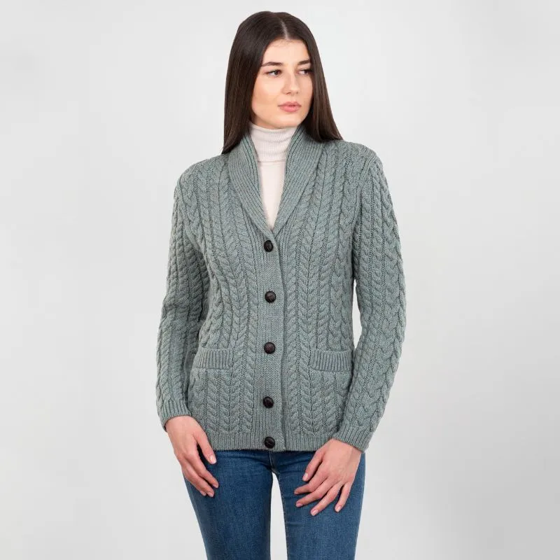 A20284 MISTY BLUE Colour Women's Merino Shawl Collar Irish Cardigan  Gaelsong 
