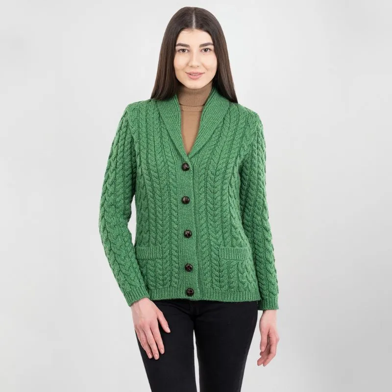 A20284 GREEN Colour Women's Merino Shawl Collar Irish Cardigan Gaelsong 