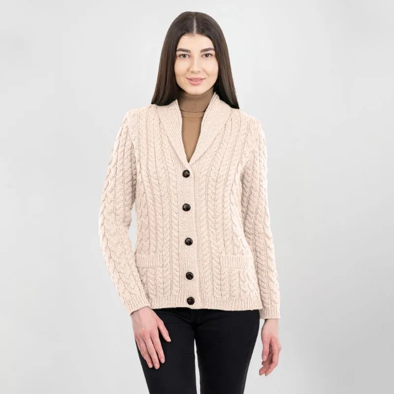 A20284 NATURAL WHITE Colour Women's Merino Shawl Collar Irish Cardigan Gaelsong 