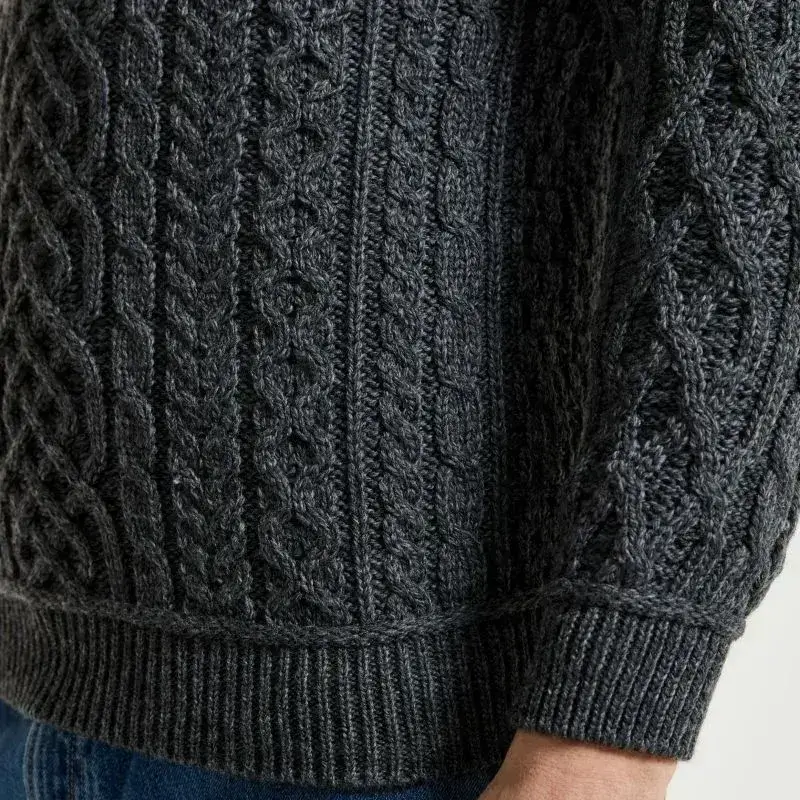 A20289 CHARCOAL Colour Supersoft Merino Turtleneck Aran Sweater Studio Clsoeup Knit Sleeve View Gaelsong