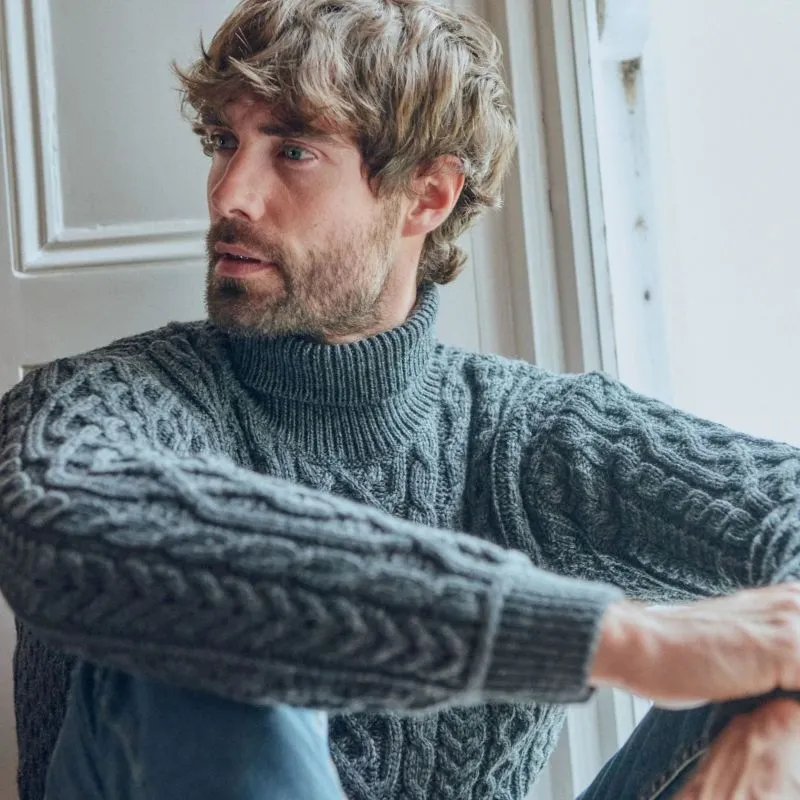 A20289 CHARCOAL Colour Supersoft Merino Turtleneck Aran Sweater Lifestyle Closeup Gaelsong