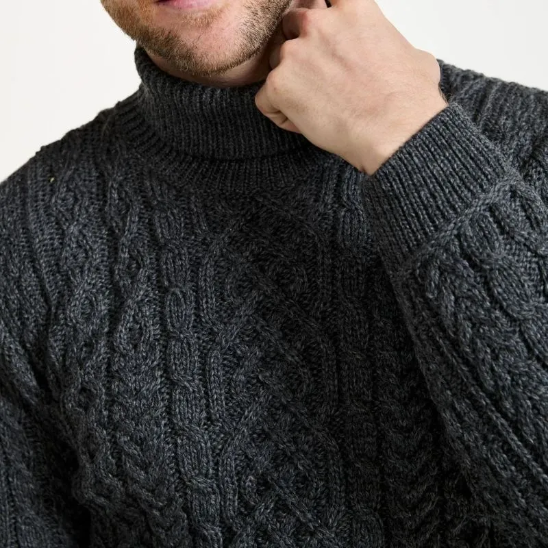 A20289 CHARCOAL Colour Supersoft Merino Turtleneck Aran Sweater Studio Clsoeup Knit Chest View Gaelsong