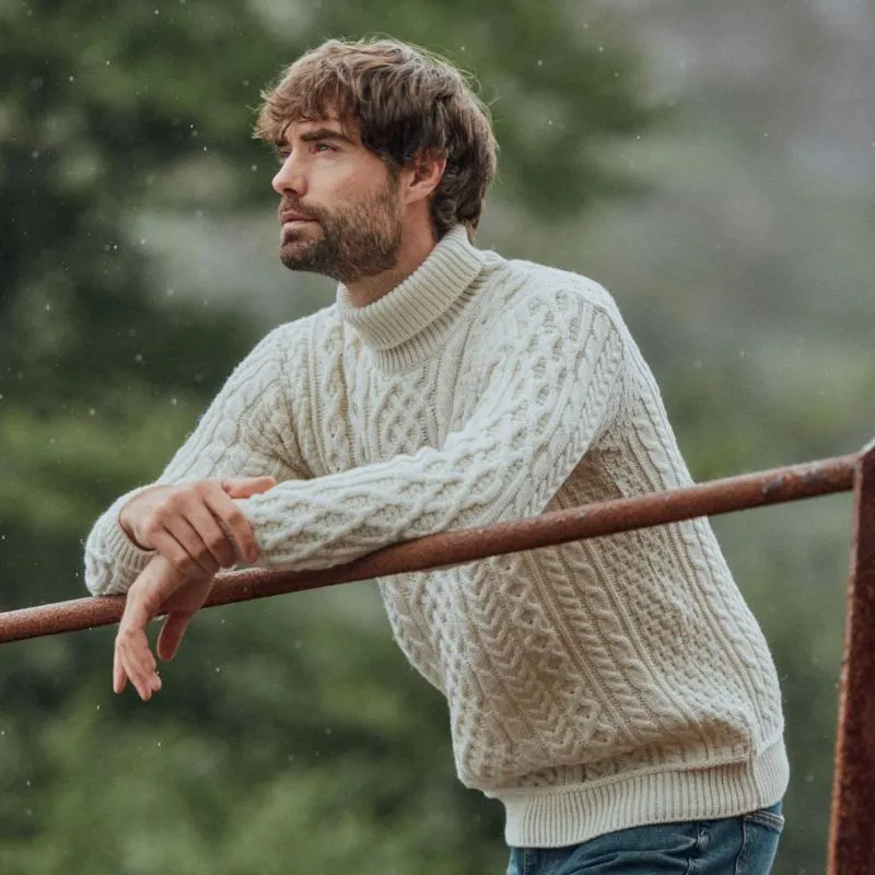 A20289 WHITE Colour Supersoft Merino Turtleneck Aran Sweater Lifestyle Gaelsong