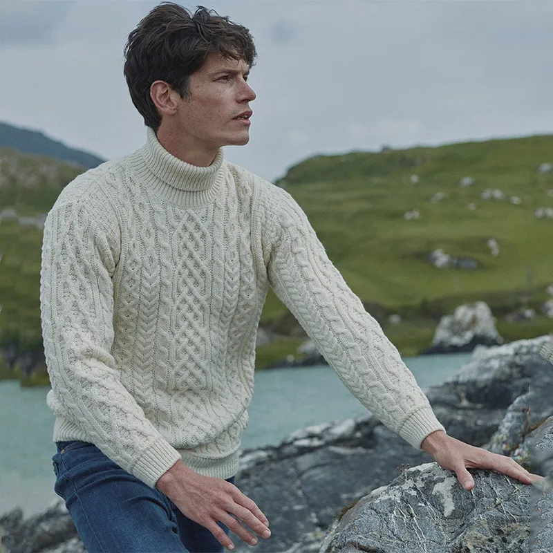 A20289 WHITE Colour Supersoft Merino Turtleneck Aran Sweater Gaelsong