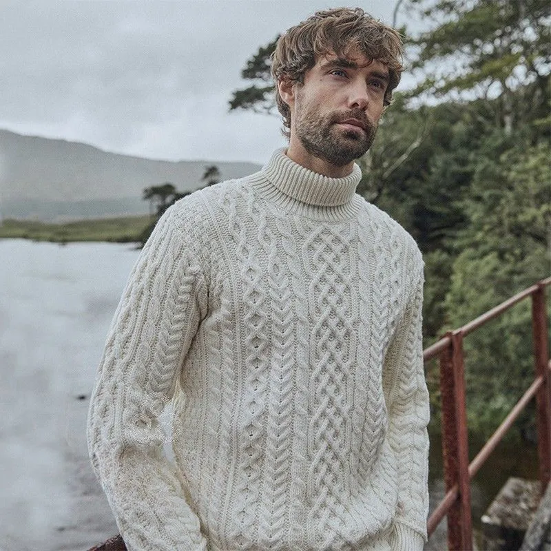 A20289 WHITE Colour Supersoft Merino Turtleneck Aran Sweater Lifestyle Closeup Gaelsong