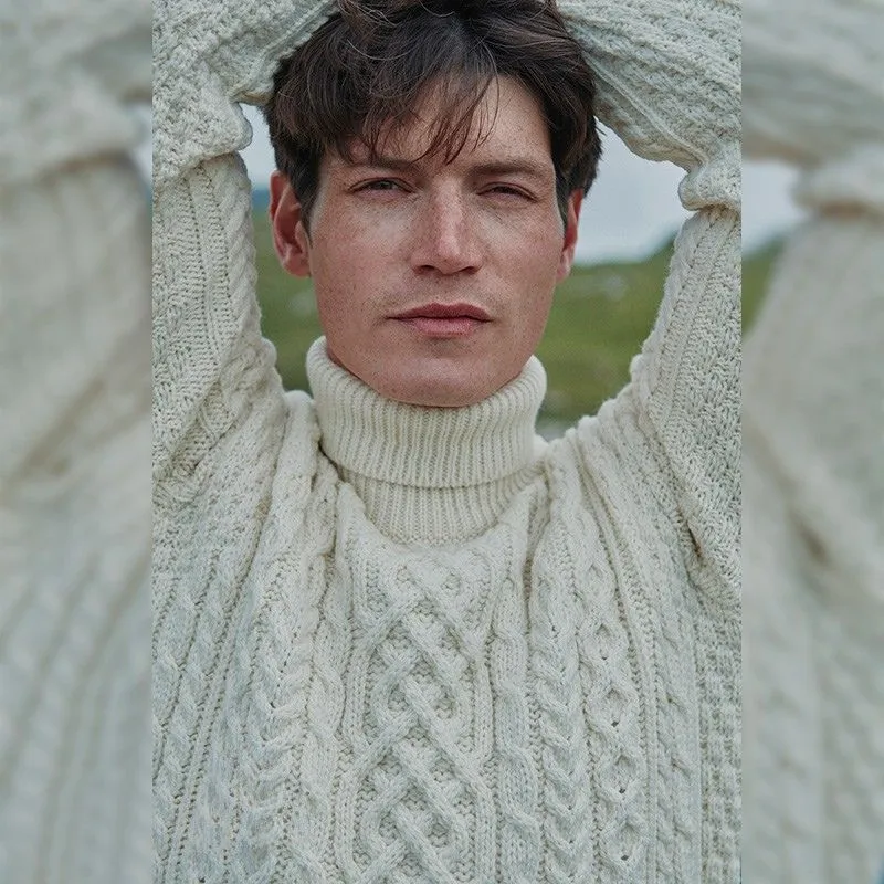 A20289 WHITE Colour Supersoft Merino Turtleneck Aran Sweater Closeup Kn it View Gaelsong