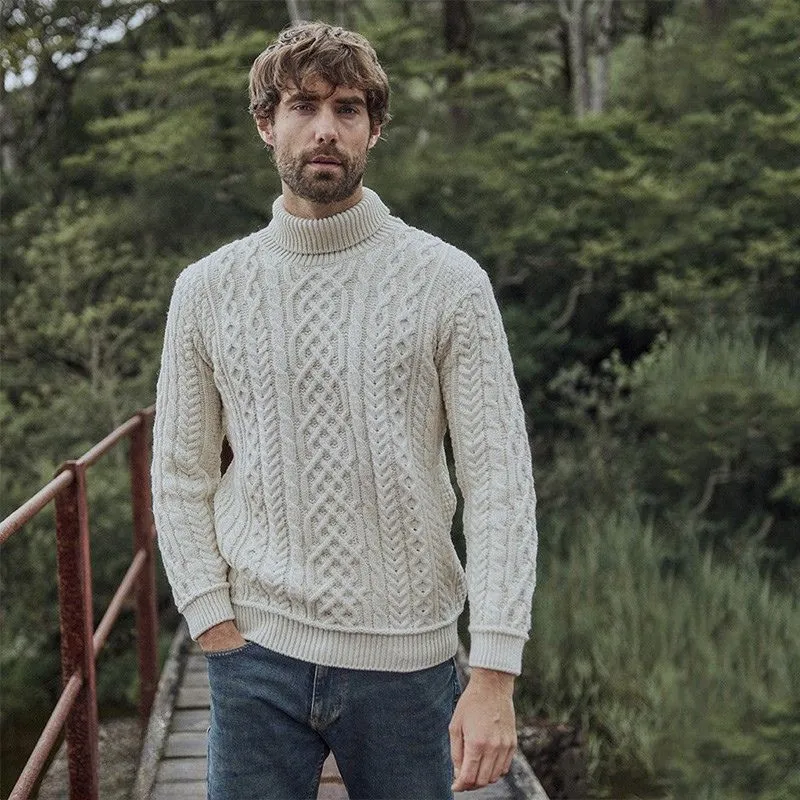 A20289 WHITE Colour Supersoft Merino Turtleneck Aran Sweater Lifestyle Gaelsong
