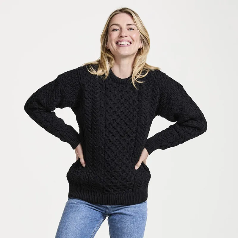 A20290 BLACK Colour Merino Crew Neck Aran Sweater Lifestyle Gaelsong 