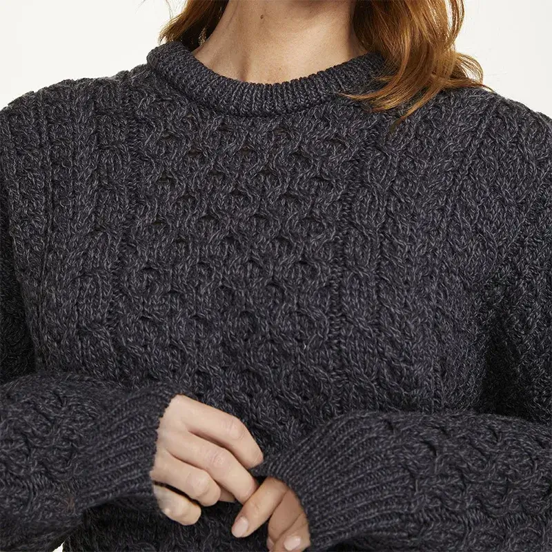 A20290 DERBY Colour Merino Crew Neck Aran Sweater Closeup Knit View Gaelsong 