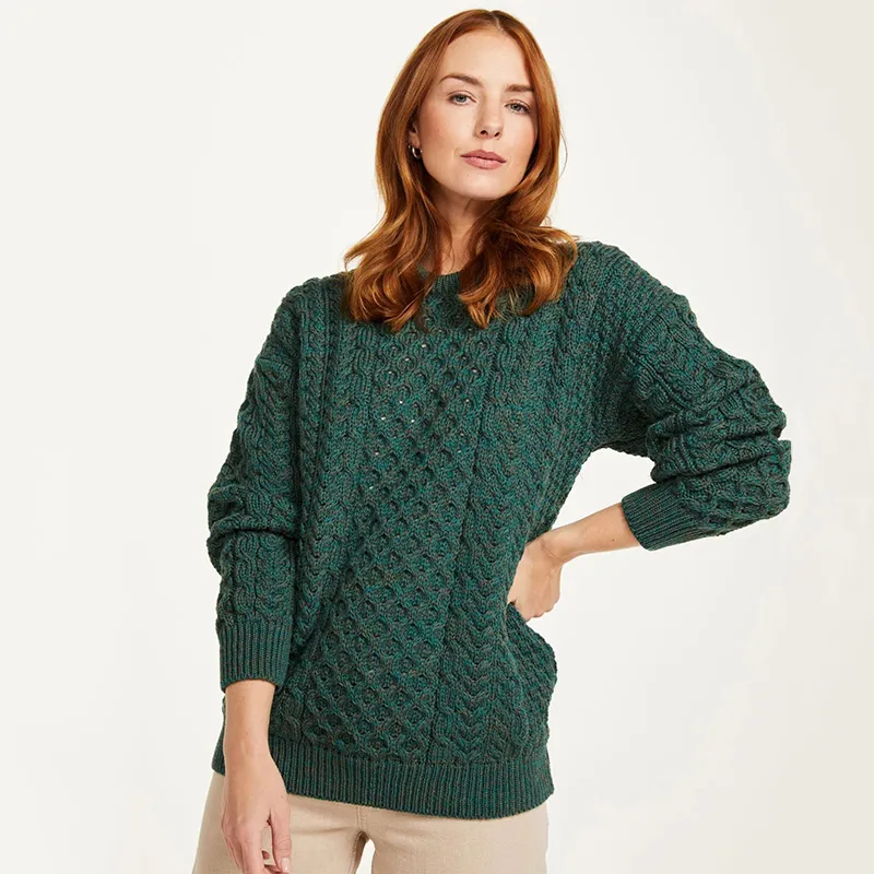 A20290 GREEN Colour Merino Crew Neck Aran Sweater Lifestyle Gaelsong 