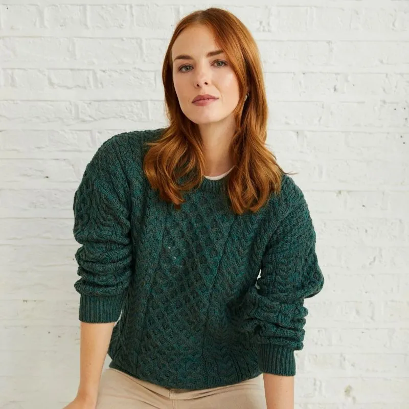 A20290 GREEN Colour Merino Crew Neck Aran Sweater Lifestyle Gaelsong 