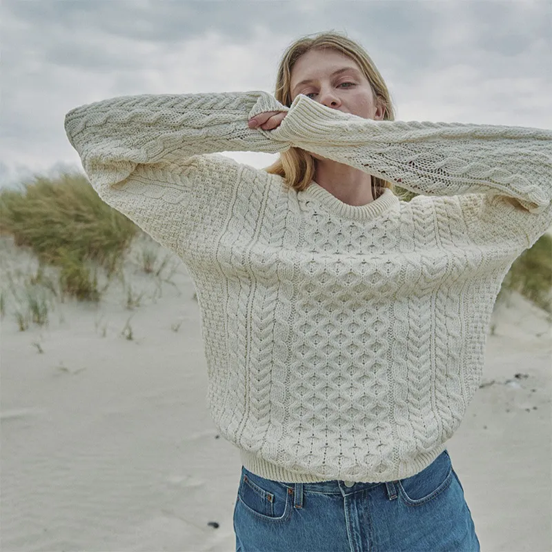 A20290 WHITE Colour Merino Crew Neck Aran Sweater Lifestyle Gaelsong 