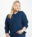 A20290ATLANTIC Merino Crew Neck Aran Sweater Front Lifestyle Gaelsong 