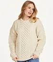 A20290WHITE Merino Crew Neck Aran Sweater Front Lifestyle Gaelsong 