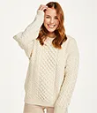 A20290WHITE Merino Crew Neck Aran Sweater Front Lifestyle Gaelsong 