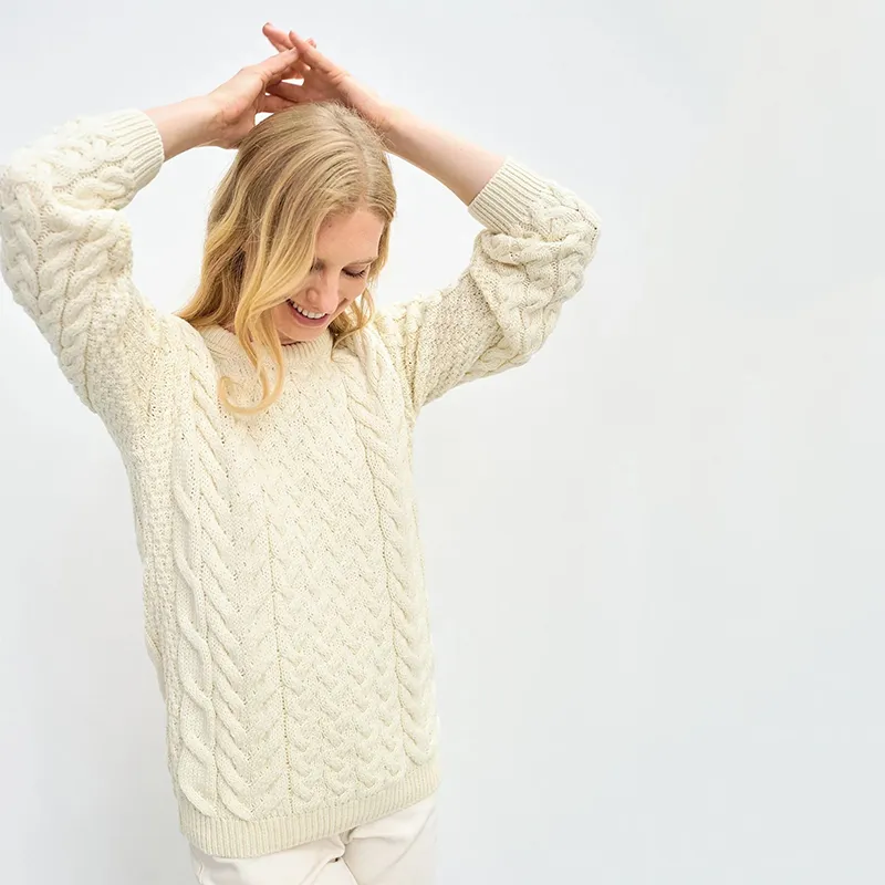 A20291 NATURAL WHITE Color Ladies Cable Knit Irish Sweater Gaelsong