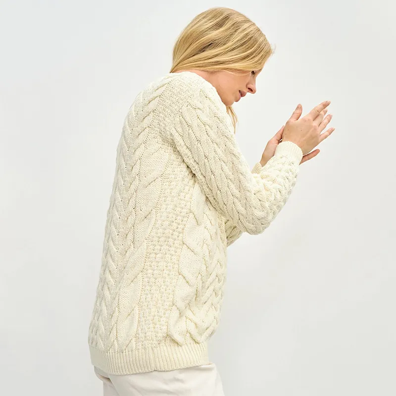 A20291 NATURAL WHITE Color Ladies Cable Knit Irish Sweater Side View Gaelsong