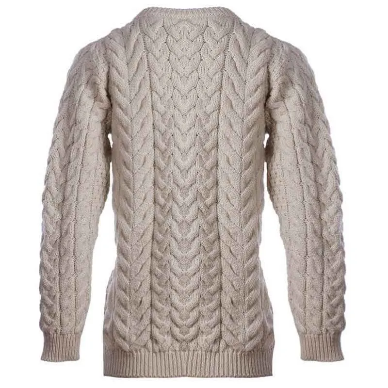 A20291 NATURAL WHITE Color Ladies Cable Knit Irish Sweater GaelsongA20291 NATURAL WHITE Color Ladies Cable Knit Irish Sweater Studio Back Side View Gaelsong