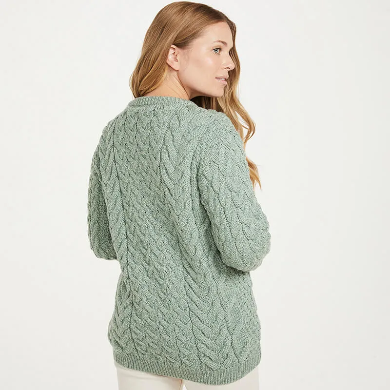 A20291 SEAFOAM GREEN Color Ladies Cable Knit Irish Sweater Back Side Gaelsong