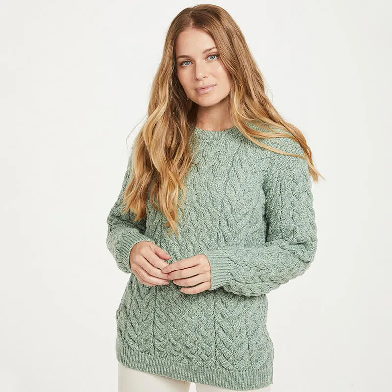 A20291 SEAFOAM GREEN Color Ladies Cable Knit Irish Sweater Gaelsong