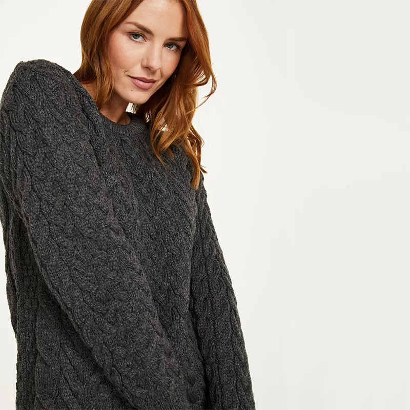 A20291 SLATE GREY Color Ladies Cable Knit Irish Sweater Closeup Sleeve View  Gaelsong