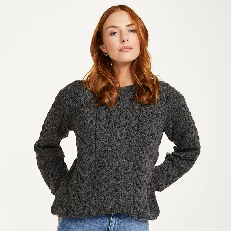 A20291 SLATE GREY Color Ladies Cable Knit Irish Sweater Gaelsong