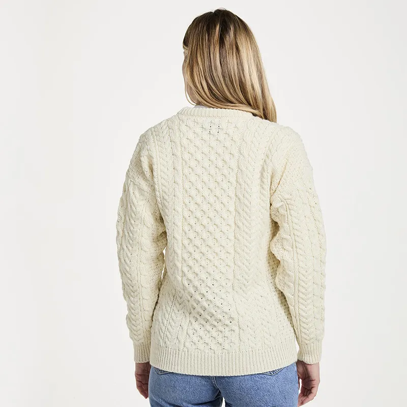 A20292 NATURAL WHITE Colour Women's Crew Neck Irish Fisherman Sweater Back Side View Gaelsong