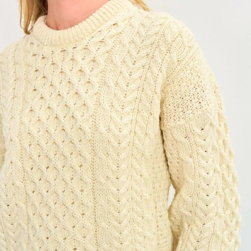 A20292 NATURAL WHITE Colour Women's Crew Neck Irish Fisherman Sweater Closeup Chest Knit View Gaelsong