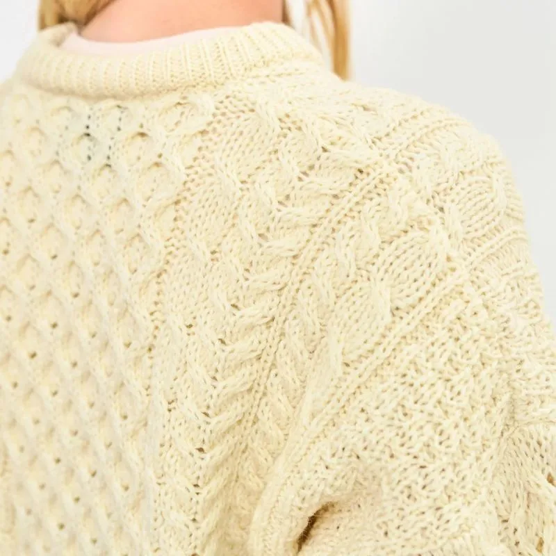 A20292 NATURAL WHITE Colour Women's Crew Neck Irish Fisherman Sweater Shoulder Knit View Gaelsong