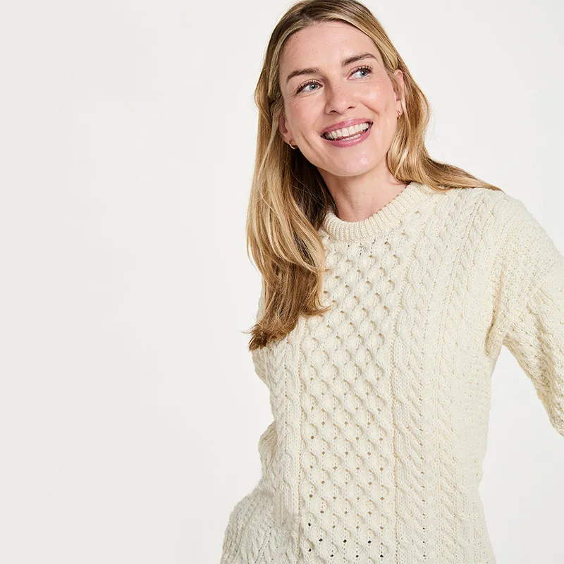 A20292 NATURAL WHITE Colour Women's Crew Neck Irish Fisherman Sweater Closeup View Gaelsong
