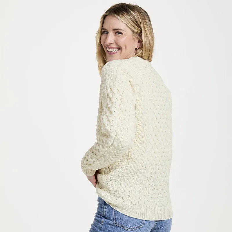 A20292 NATURAL WHITE Colour Women's Crew Neck Irish Fisherman Sweater Side View Gaelsong
