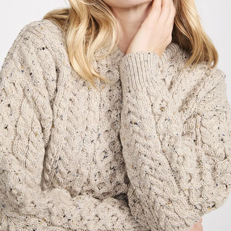 A20292 SKIDDAW Colour Women's Crew Neck Irish Fisherman Sweater Closeup Sleeve View Gaelsong