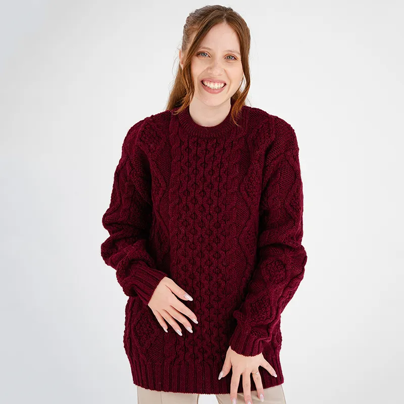 A20294 WINE Colour Ladies Heavyweight Aran Fisherman Sweater Studio Gaelsong
