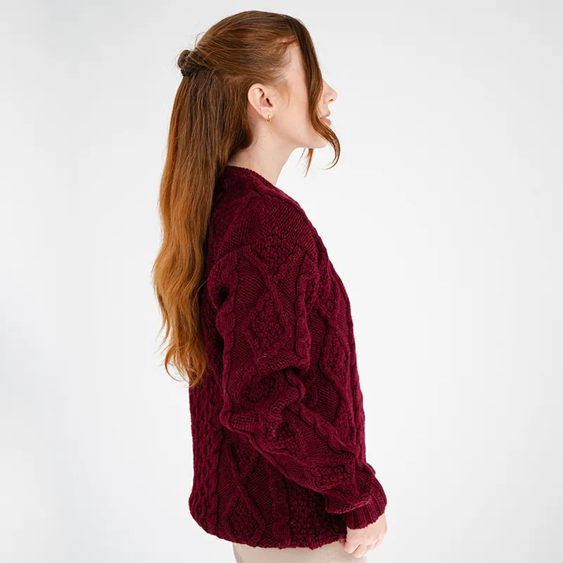 A20294 WINE Colour Ladies Heavyweight Aran Fisherman Sweater Studio Side View  Gaelsong