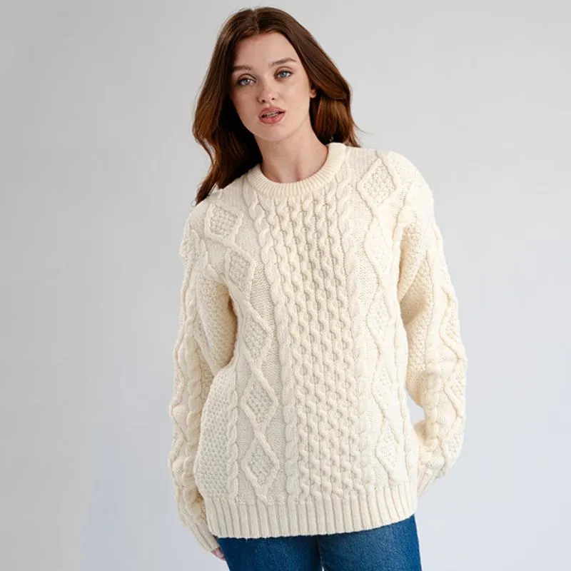 A20294 Ladies Heavyweight Aran Fisherman Sweater White Color Gaelsong