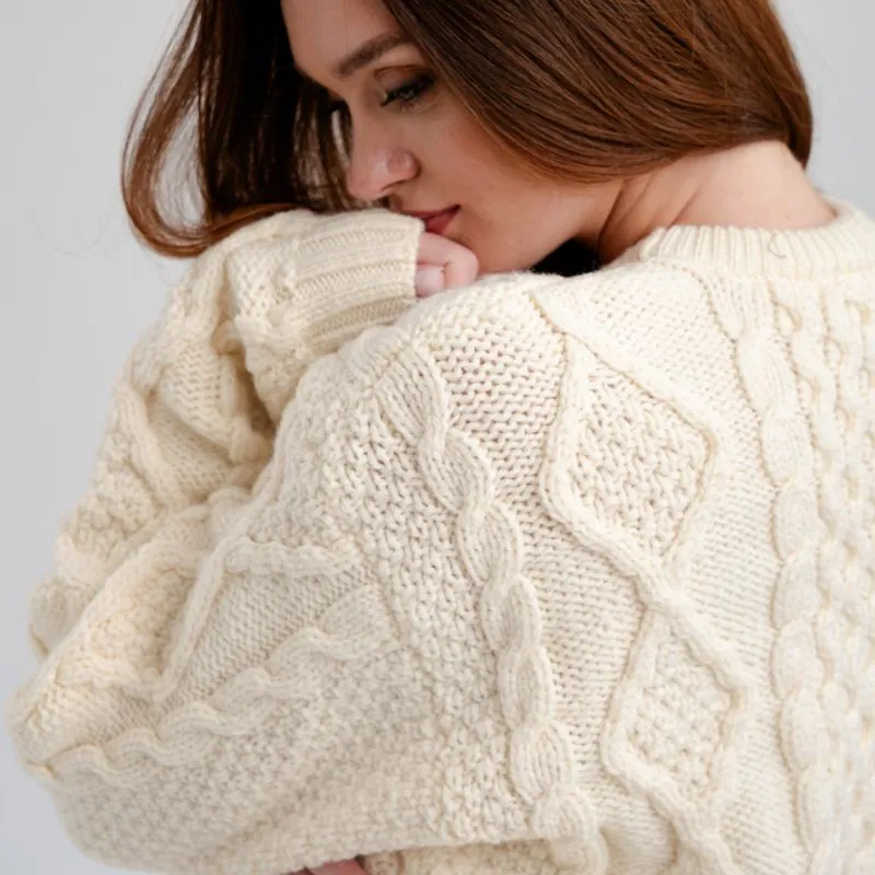 A20294 Ladies Heavyweight Aran Fisherman Sweater White Color Gaelsong