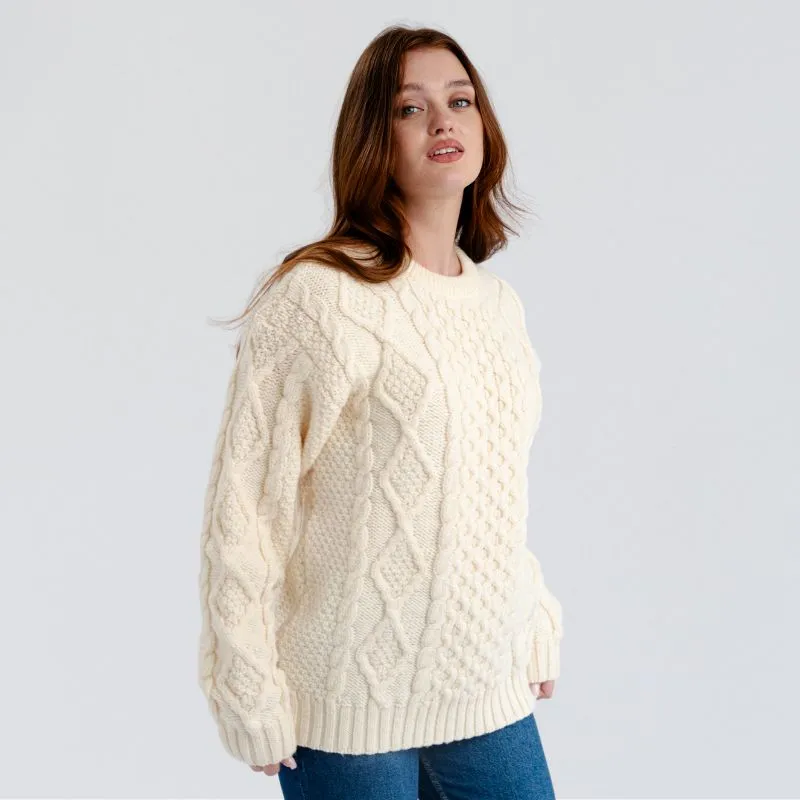 A20294 Ladies Heavyweight Aran Fisherman Sweater White Color Gaelsong