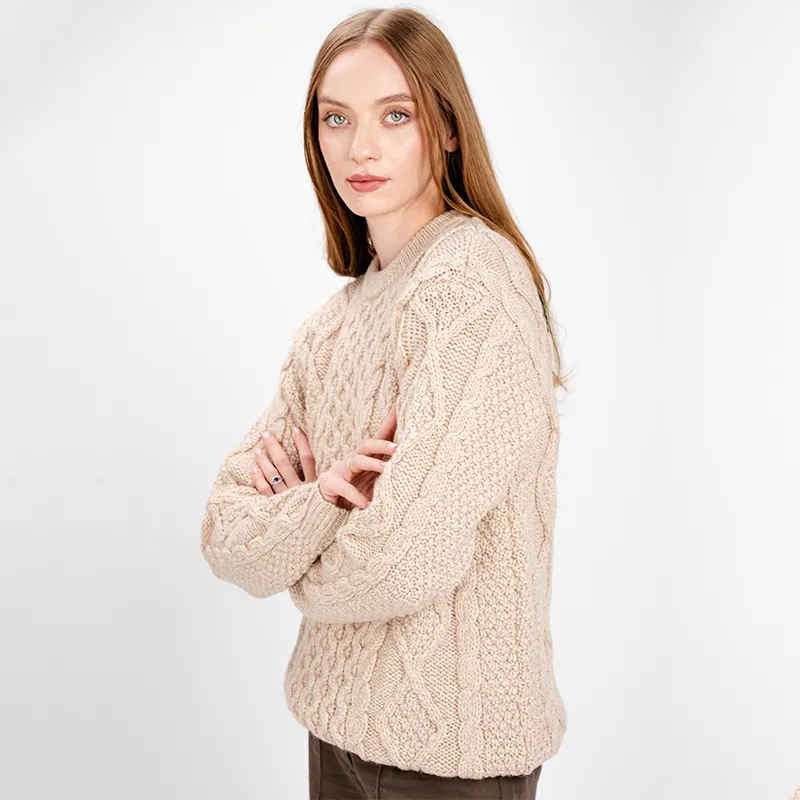 A20294 PARSNIP Colour Ladies Heavyweight Aran Fisherman Sweater Studio Side View Gaelsong