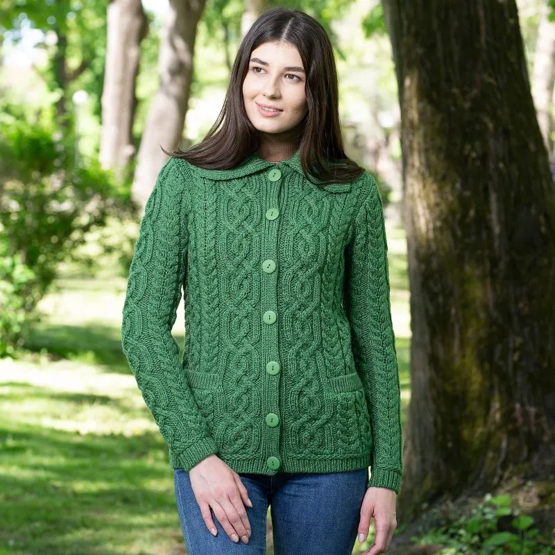 A20295 Ladies Aran Cable Knit Button Cardigan in GREEN Colour Lifestyle Gaelsong 
