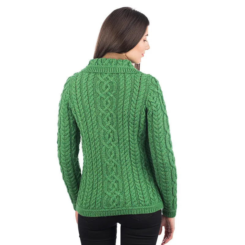 A20295 Ladies Aran Cable Knit Button Cardigan in GREEN Colour Studio Back Side View Gaelsong 