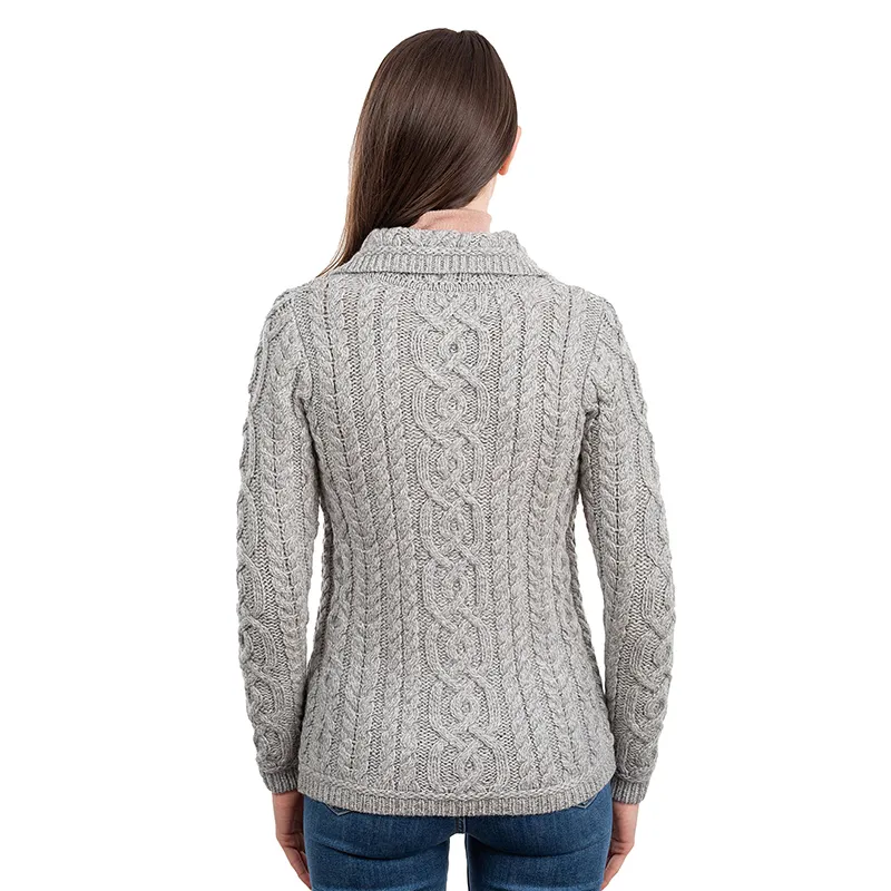 A20295 Ladies Aran Cable Knit Button Cardigan in GREY Colour Studio Back Side View Gaelsong 