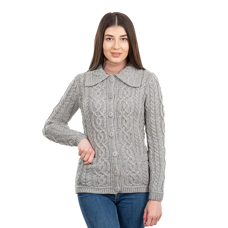 A20295 Ladies Aran Cable Knit Button Cardigan in GREY Colour Studio Gaelsong 