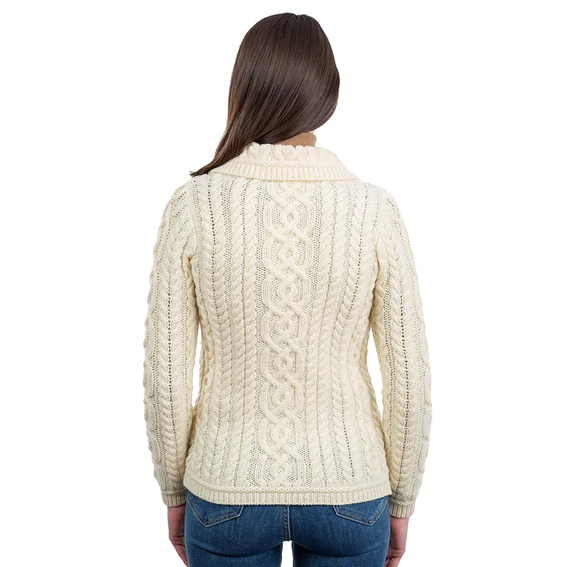 A20295 Ladies Aran Cable Knit Button Cardigan in NATURAL WHITE Colour Studio Back Side View Gaelsong 