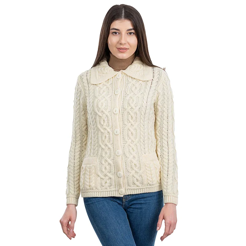 A20295 Ladies Aran Cable Knit Button Cardigan in NATURAL WHITE Colour Studio Gaelsong 