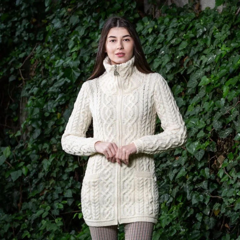 A20296 Ladies Irish Merino Aran Zip Cardigan in NATURAL WHITE Colour Gaelsong 