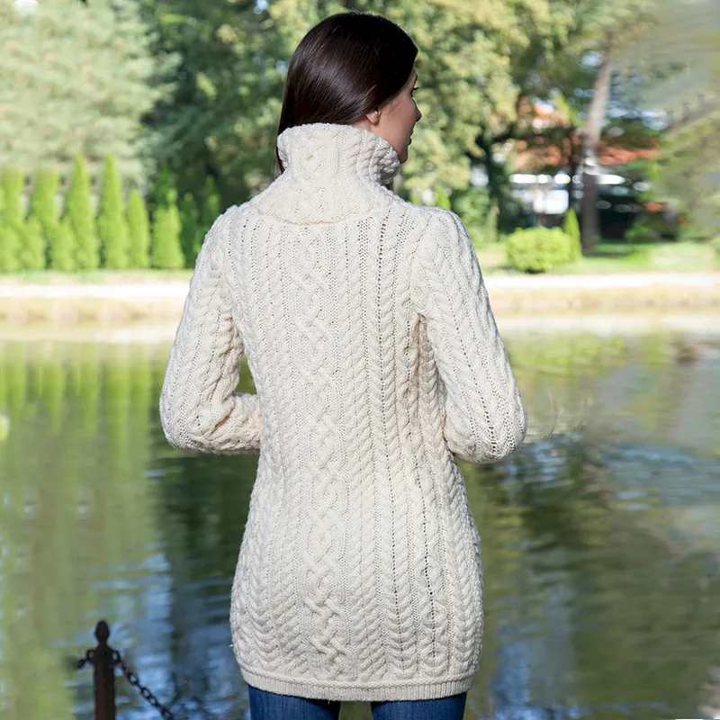 A20296 Ladies Irish Merino Aran Zip Cardigan in NATURAL WHITE Colour Lifestyle Back Side View Gaelsong 