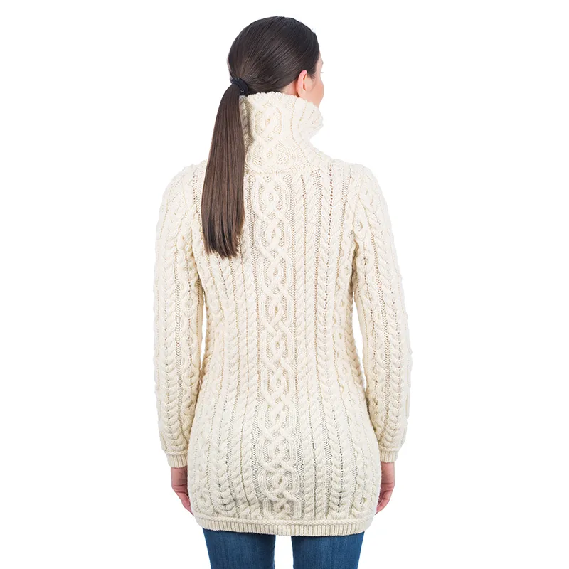 A20296 Ladies Irish Merino Aran Zip Cardigan in NATURAL WHITE Colour Studio Back Side View Gaelsong 