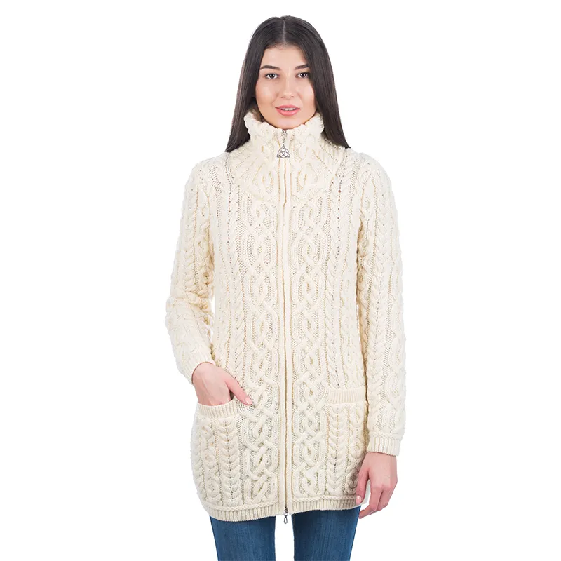 A20296 Ladies Irish Merino Aran Zip Cardigan in NATURAL WHITE Colour Studio Gaelsong 