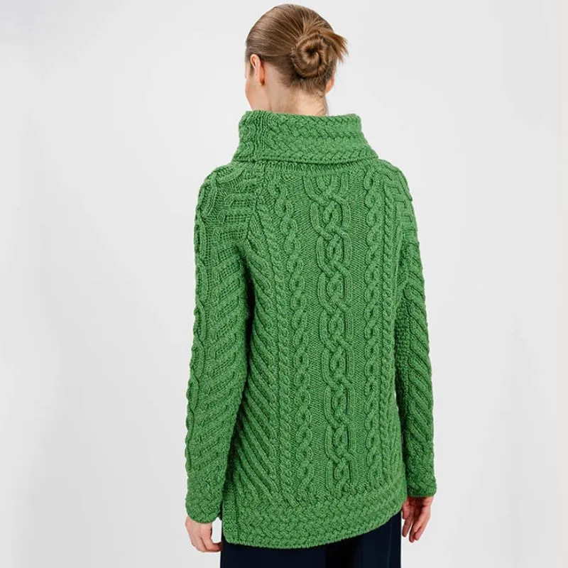 A20297 Funnel Neck Cable Knit Irish Sweater in GREEN Colour Gaelsong 