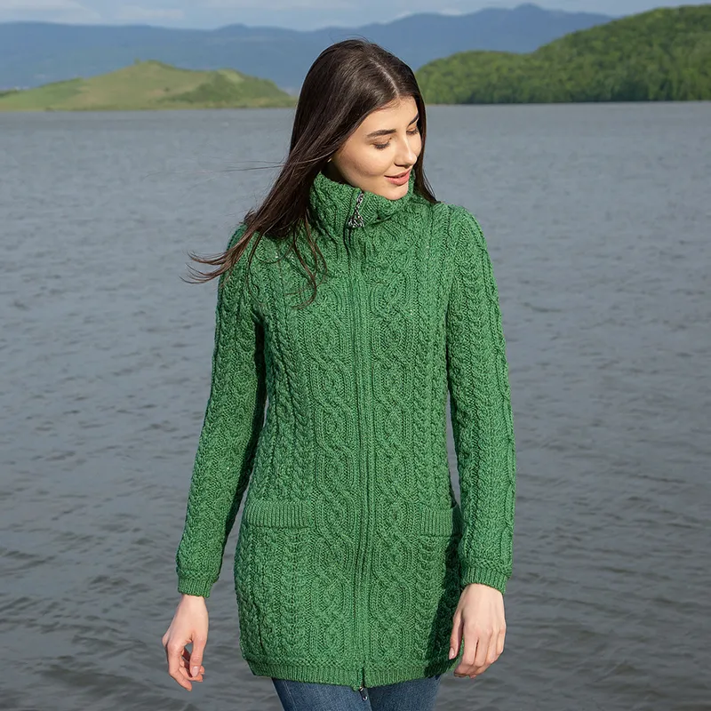 A20296 Ladies Irish Merino Aran Zip Cardigan in GREEN Colour Lifestyle Gaelsong 